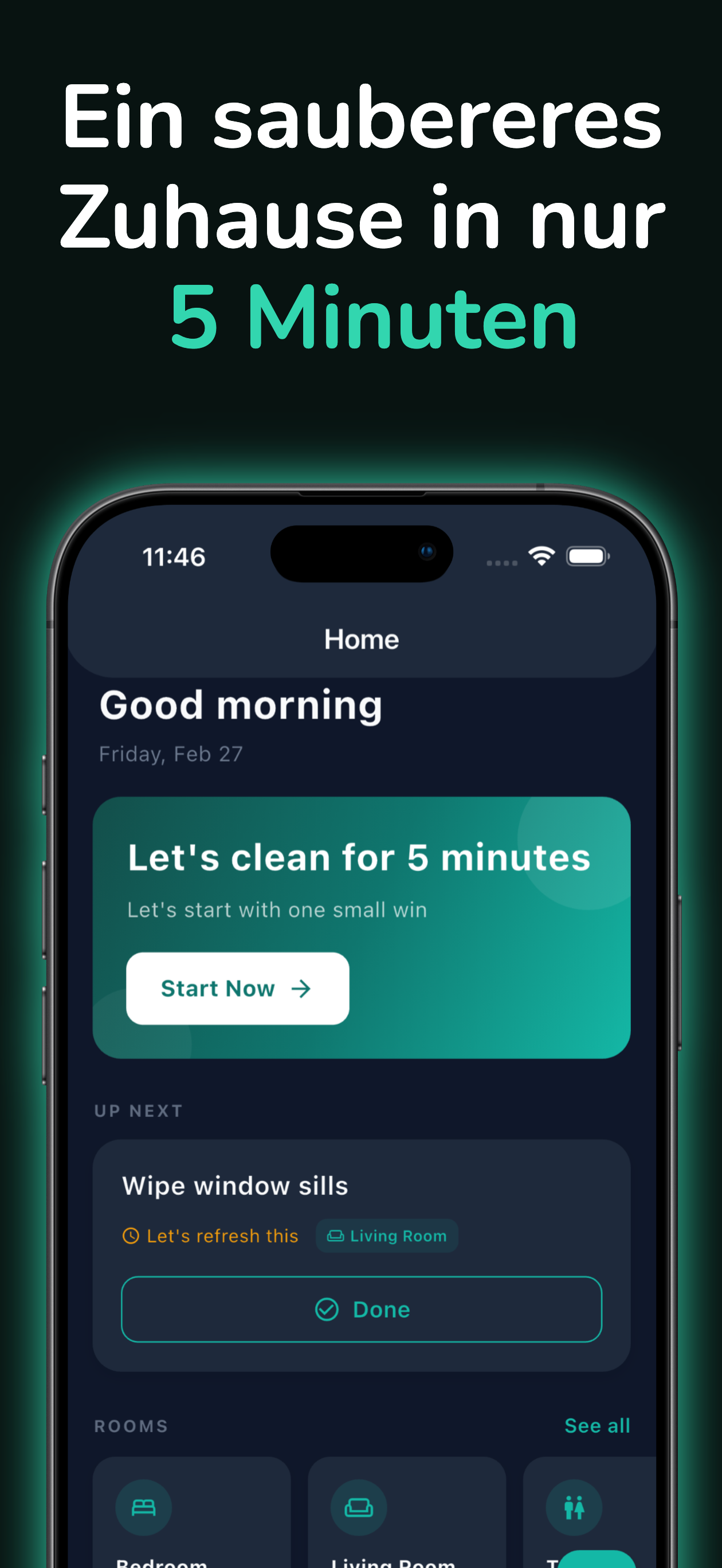 Startbildschirm mit täglichen Putzaufgaben