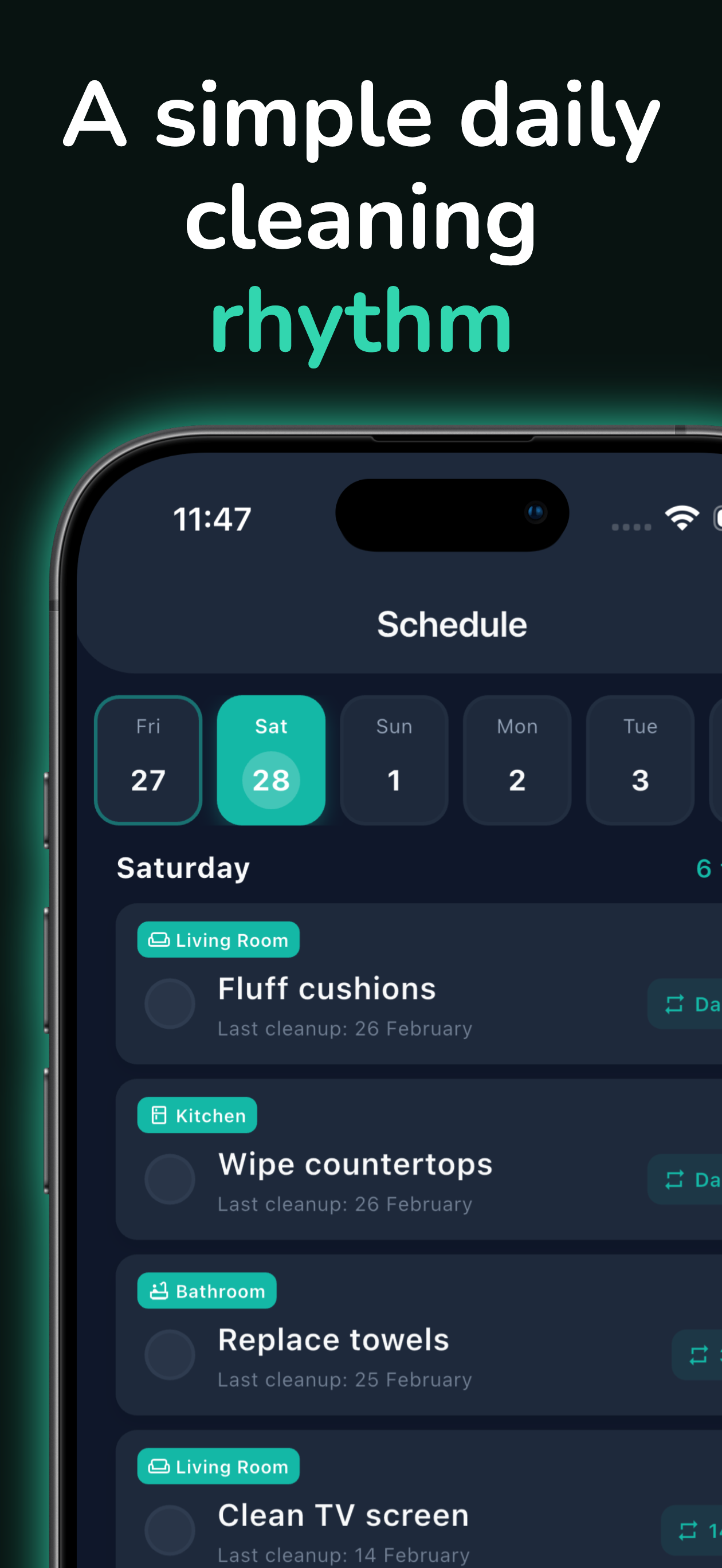 Weekly cleaning schedule view