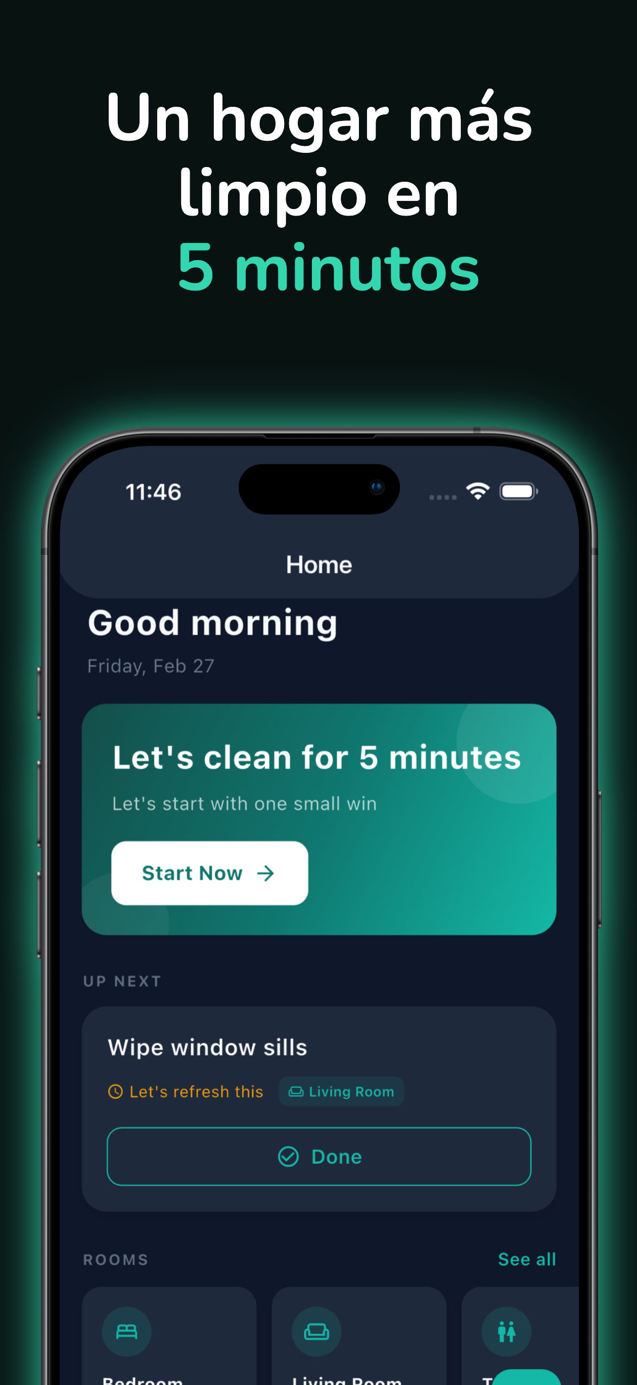 Pantalla principal con las tareas de limpieza del dia