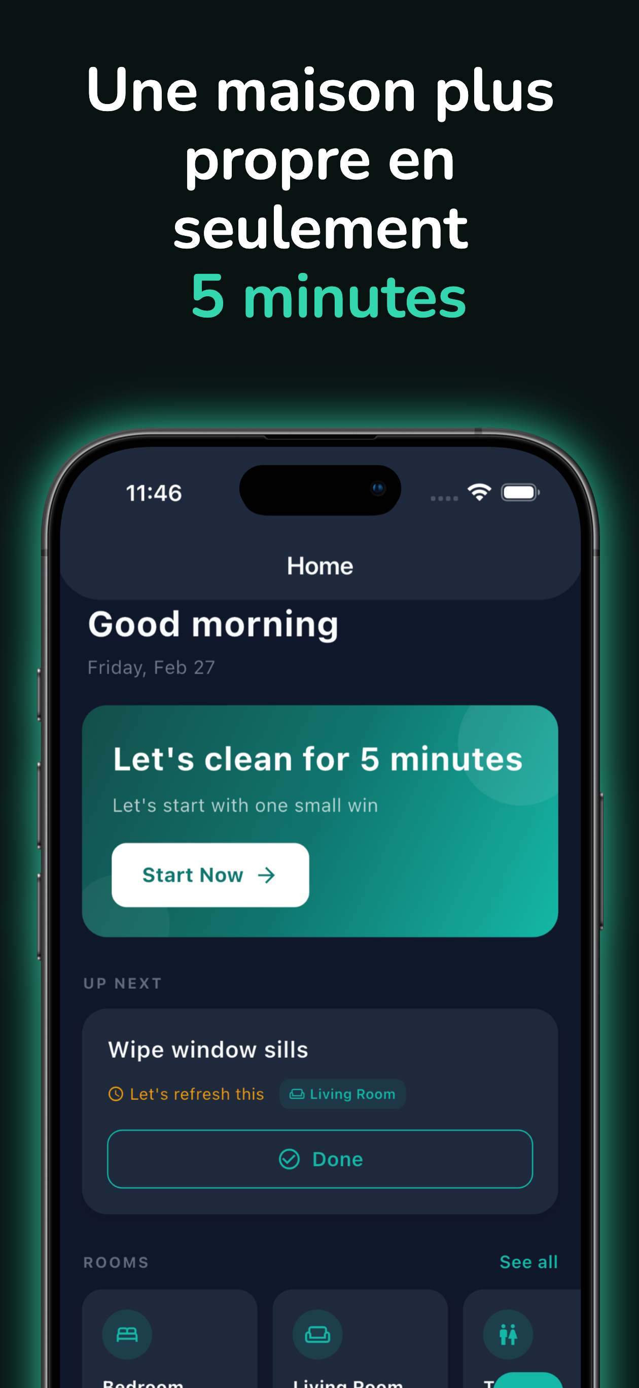 Ecran d'accueil avec les taches de menage du jour