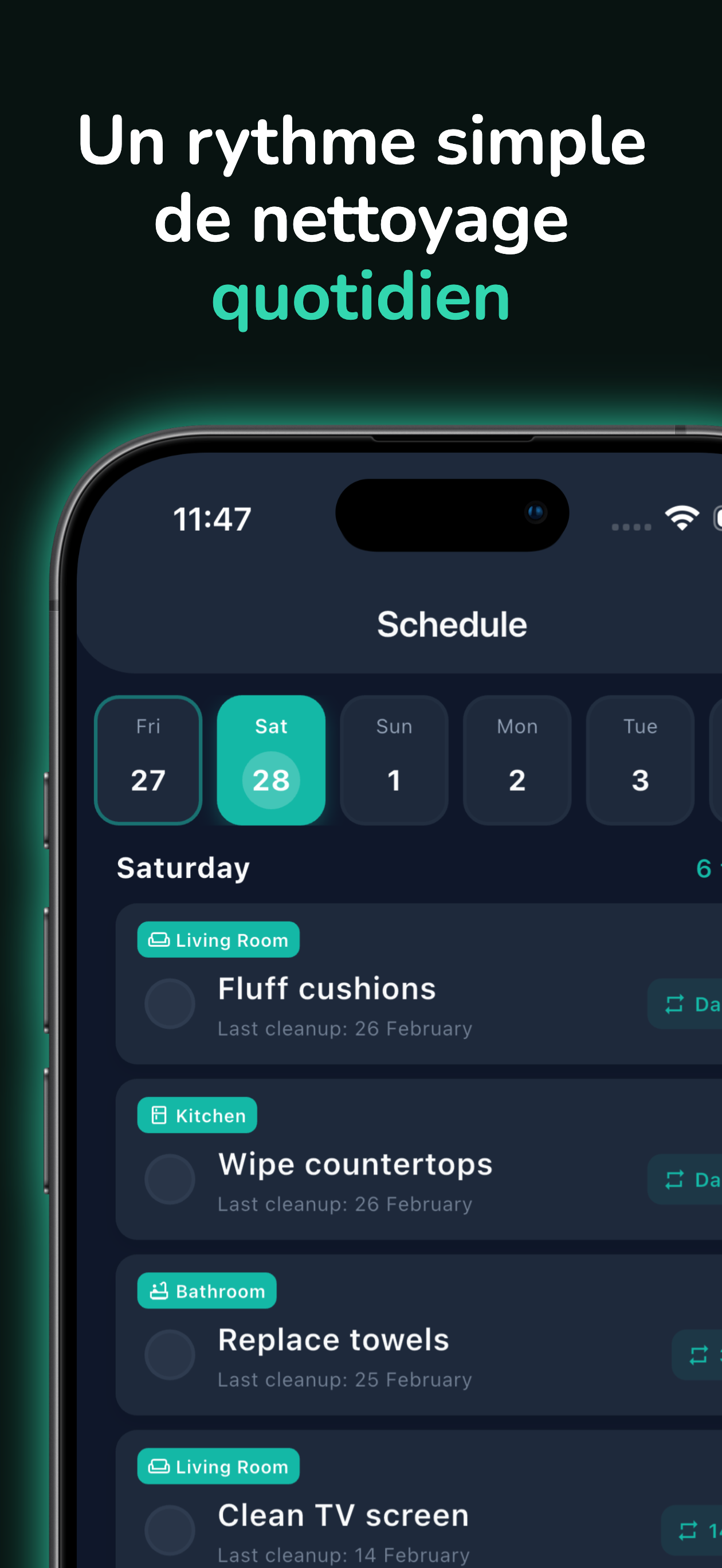 Vue du planning de menage hebdomadaire