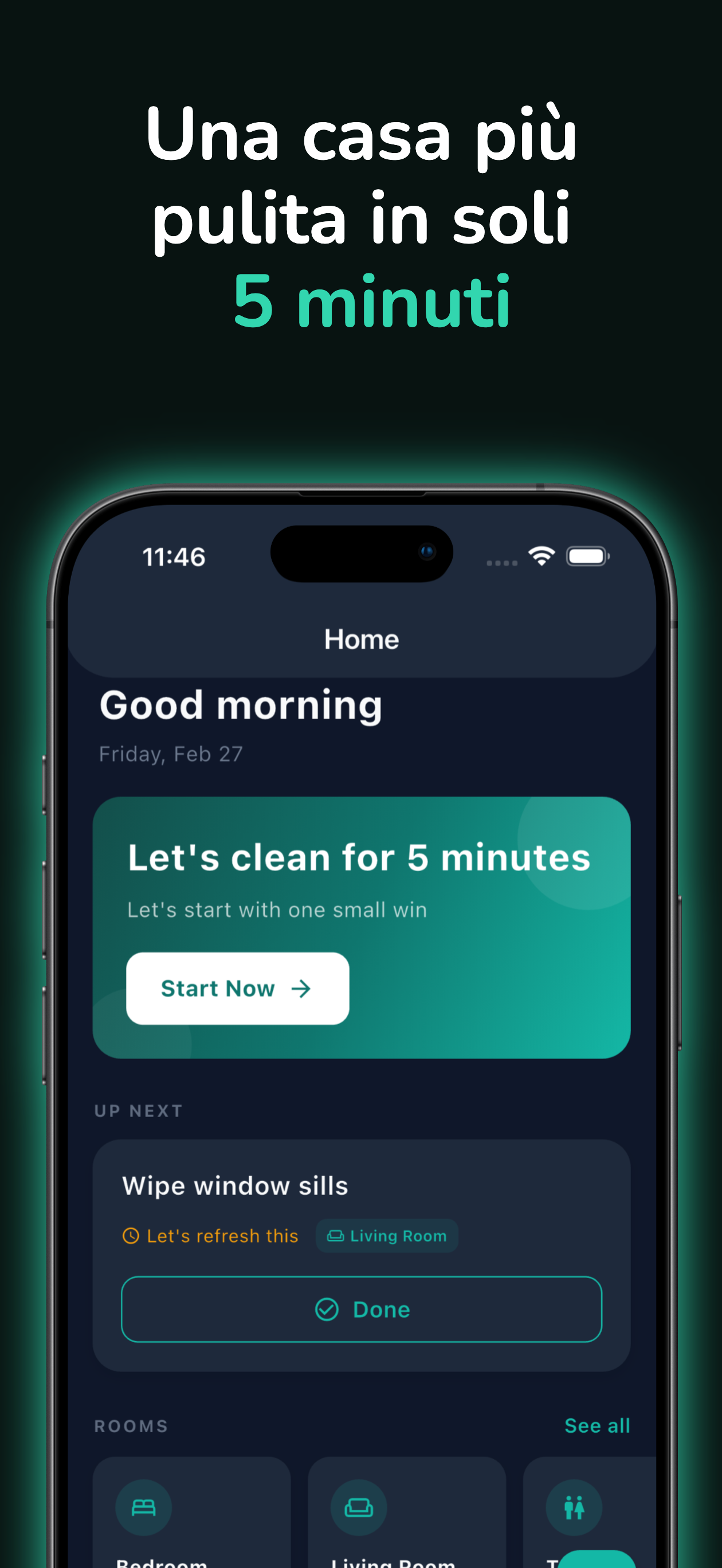 Schermata principale con le attivita di pulizia del giorno