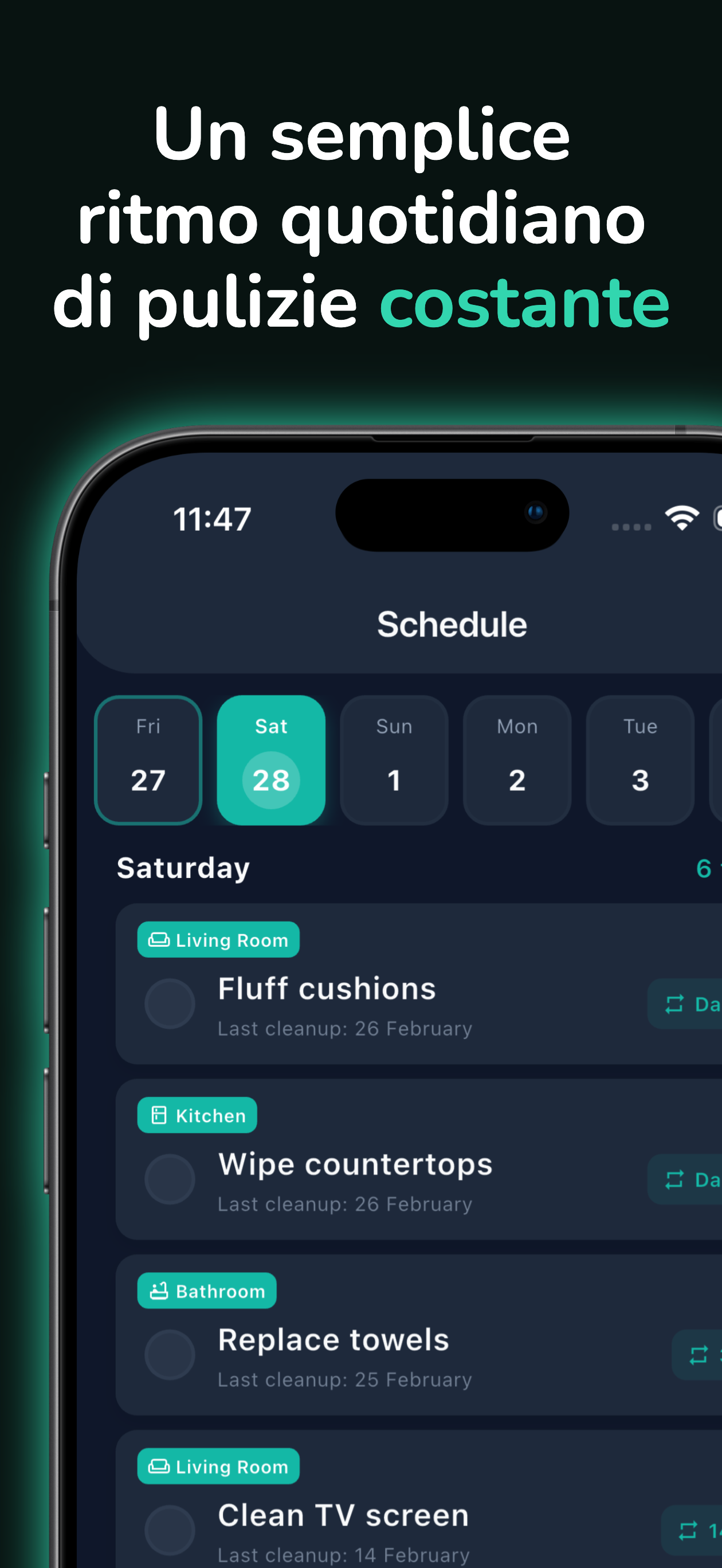 Vista del programma di pulizia settimanale