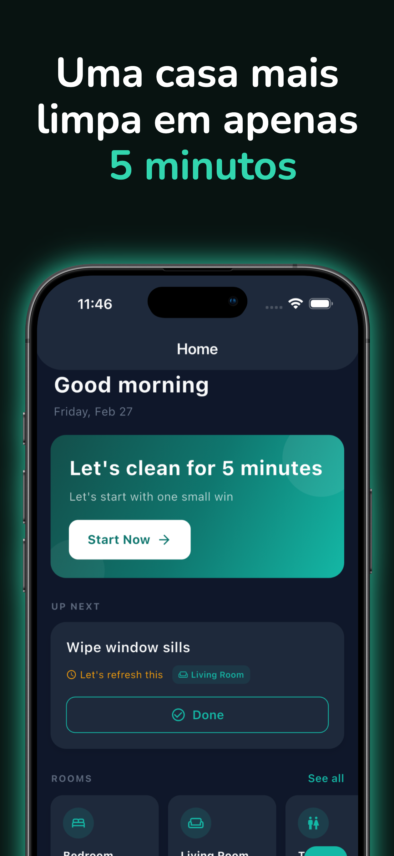 Tela inicial com as tarefas de limpeza do dia