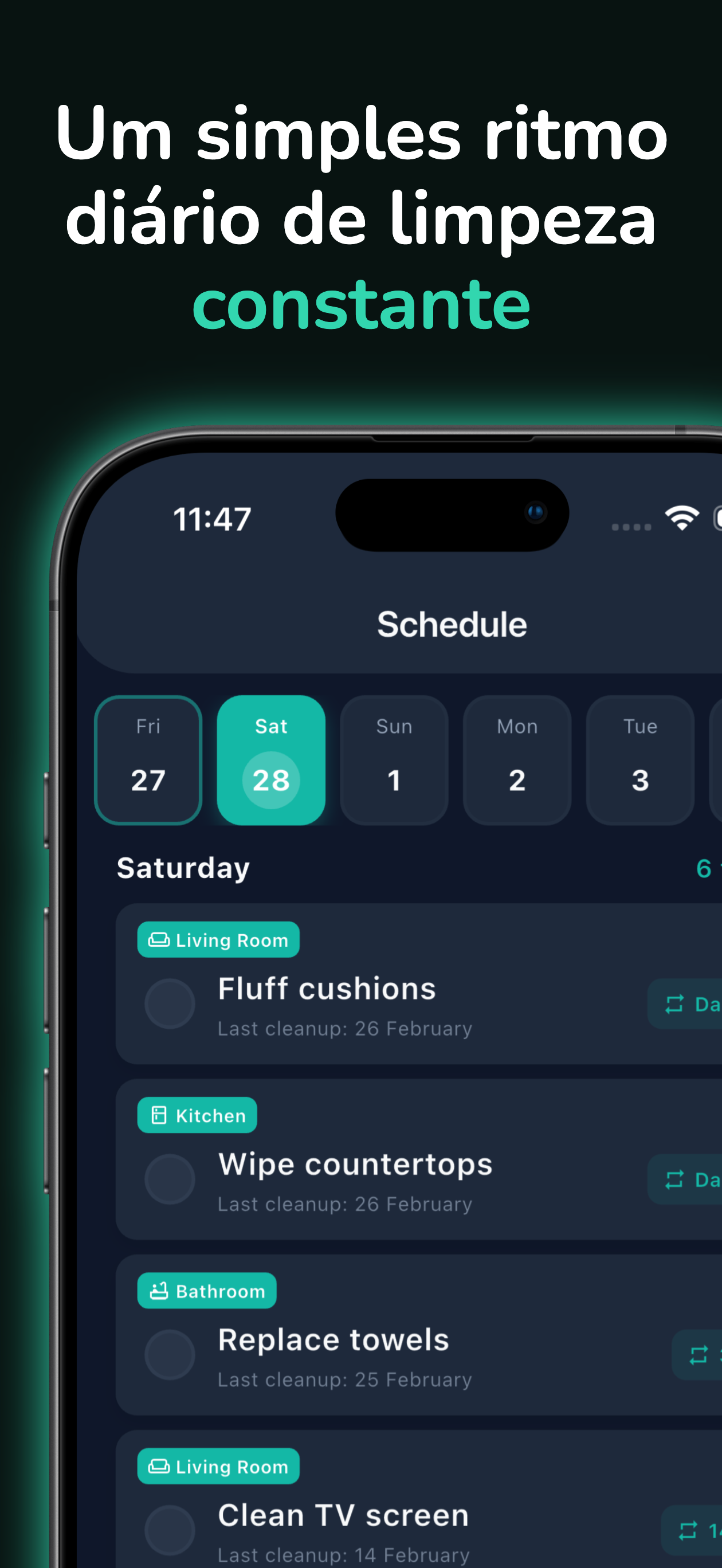 Vista do cronograma de limpeza semanal